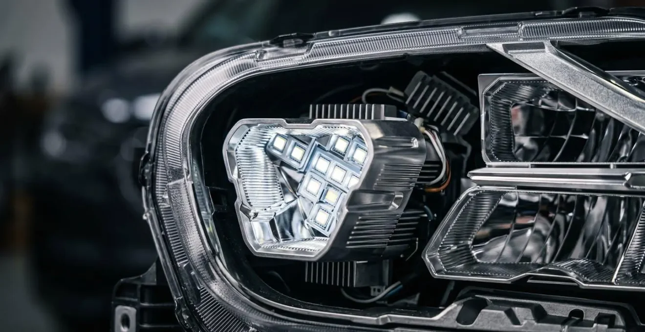Détail de phare automobile haut de gamme illustrant les équipements coûteux à réparer