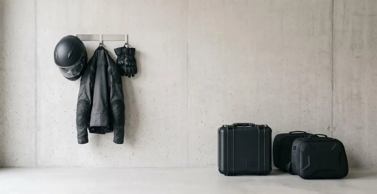 Équipement de protection porté et accessoires de rangement moto dans une composition épurée