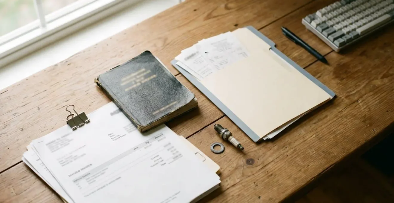 Carnet d'entretien automobile avec factures et documents de maintenance organisés