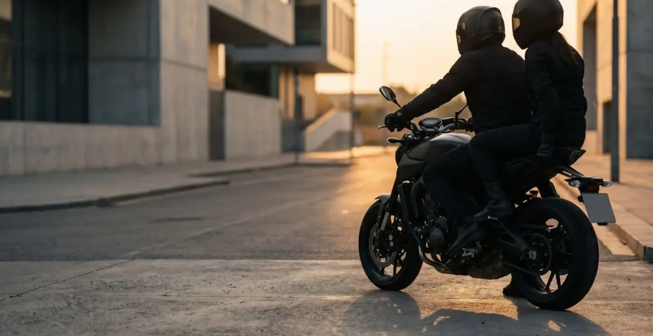 Vue arrière d'un motard et son passager équipés de gants certifiés sur une moto à l'arrêt