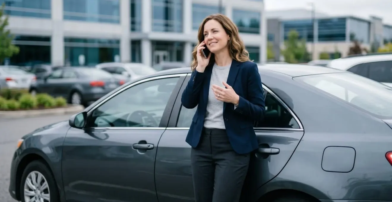 Un salarié serein au téléphone près de sa voiture sur un parking d'entreprise, illustrant la tranquillité d'esprit apportée par une bonne assistance.