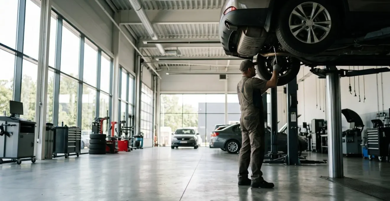 Scène d'atelier mécanique automobile montrant l'entretien professionnel d'un véhicule