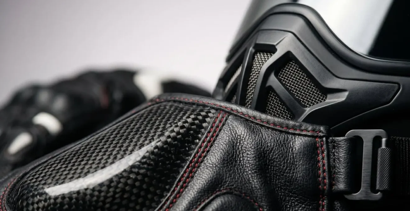 Vue détaillée d'équipements de protection moto haut de gamme disposés méthodiquement