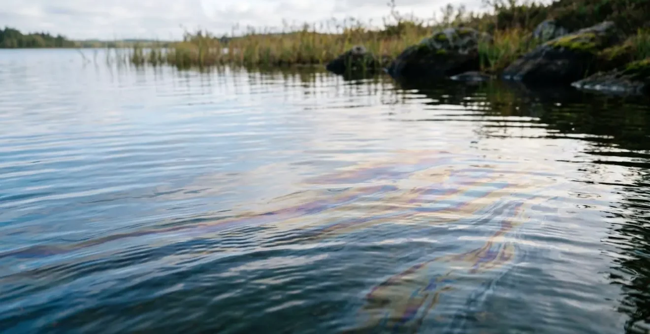 Visualisation de l'impact de l'huile de vidange sur l'eau avec film irisé à la surface