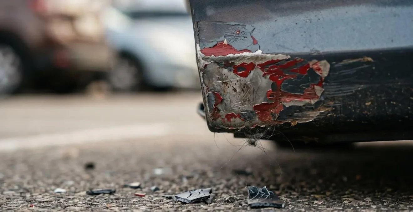 Gros plan sur des traces de peinture et débris plastiques révélant des indices après un accident