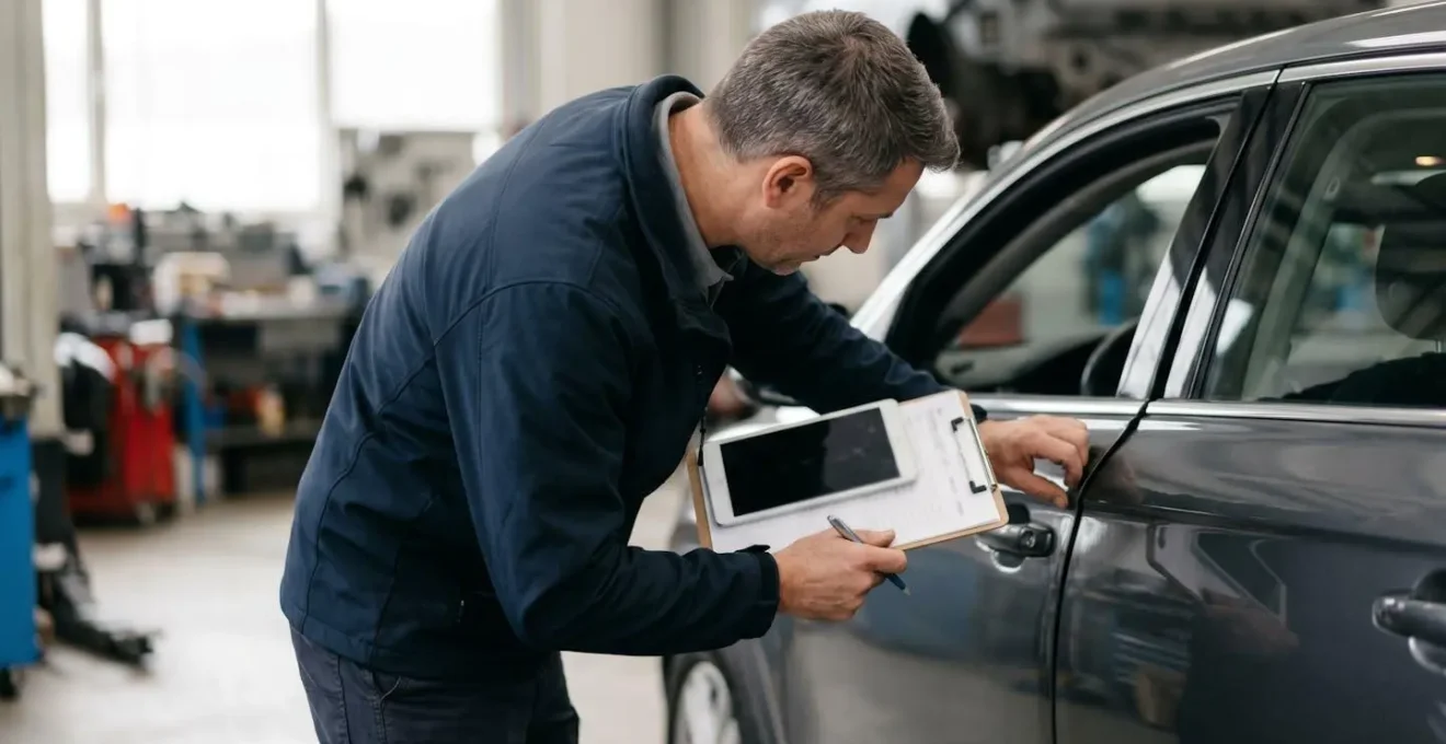Expert automobile inspectant minutieusement l'état d'un véhicule lors d'une restitution