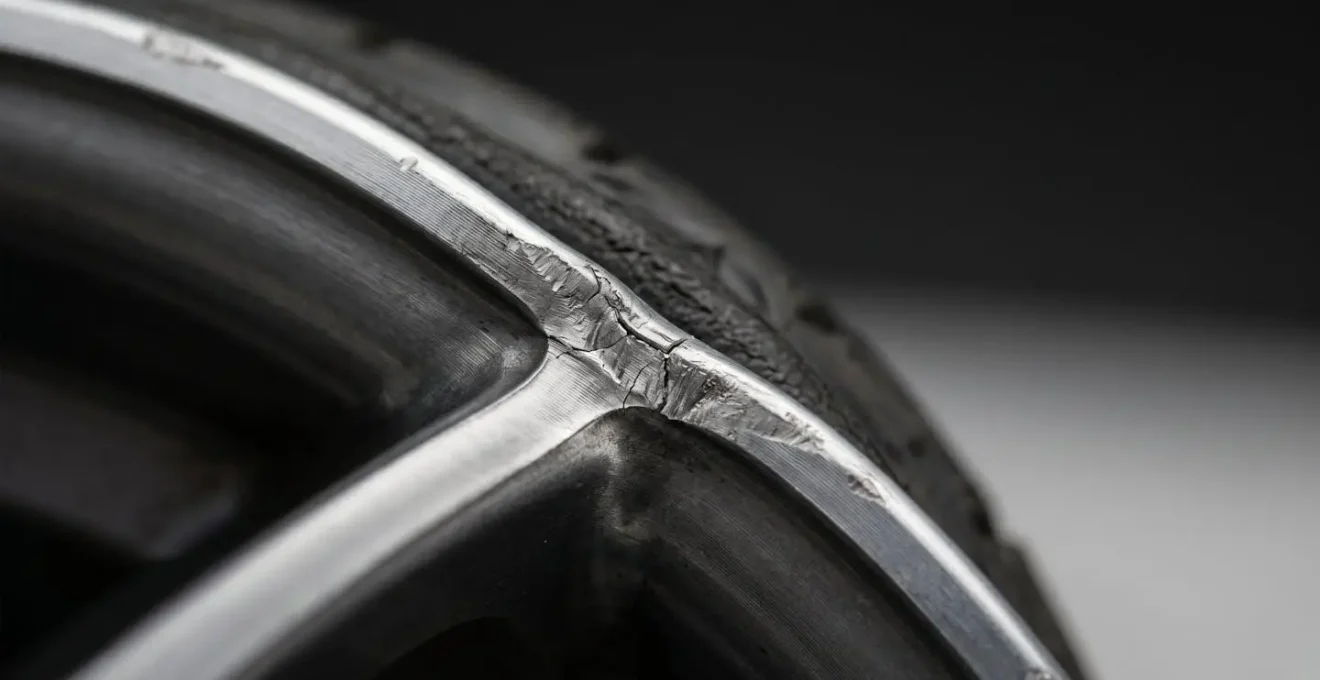 Gros plan sur la structure métallique endommagée d'une jante aluminium montrant les détails de déformation