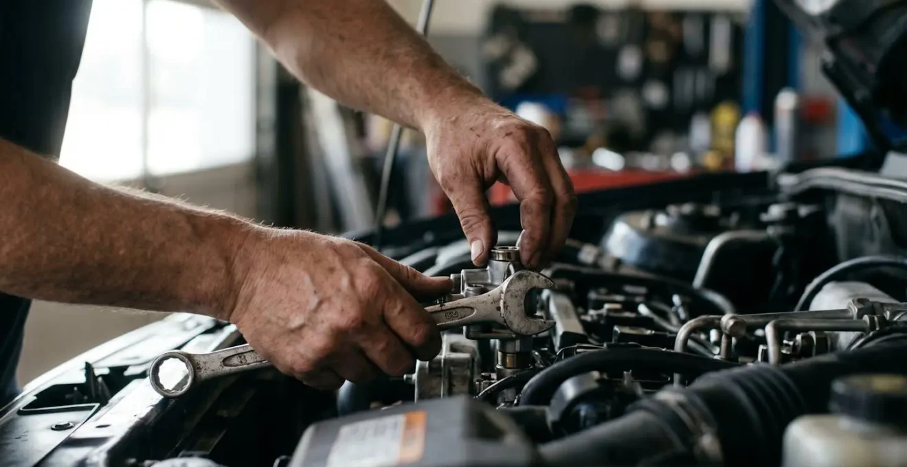 Mains de mécanicien effectuant un montage minutieux de pièce automobile avec outils de précision