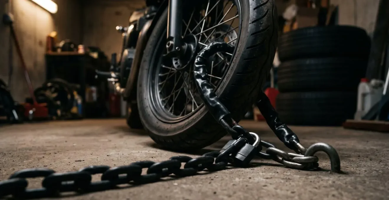 Moto sécurisée avec antivol dans un garage fermé pendant l'hiver