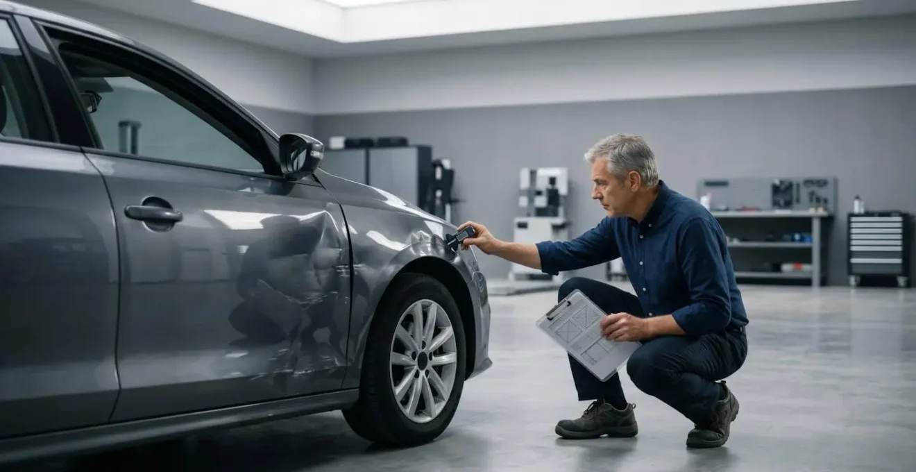 Expert d'assurance examinant minutieusement les dommages d'un véhicule accidenté