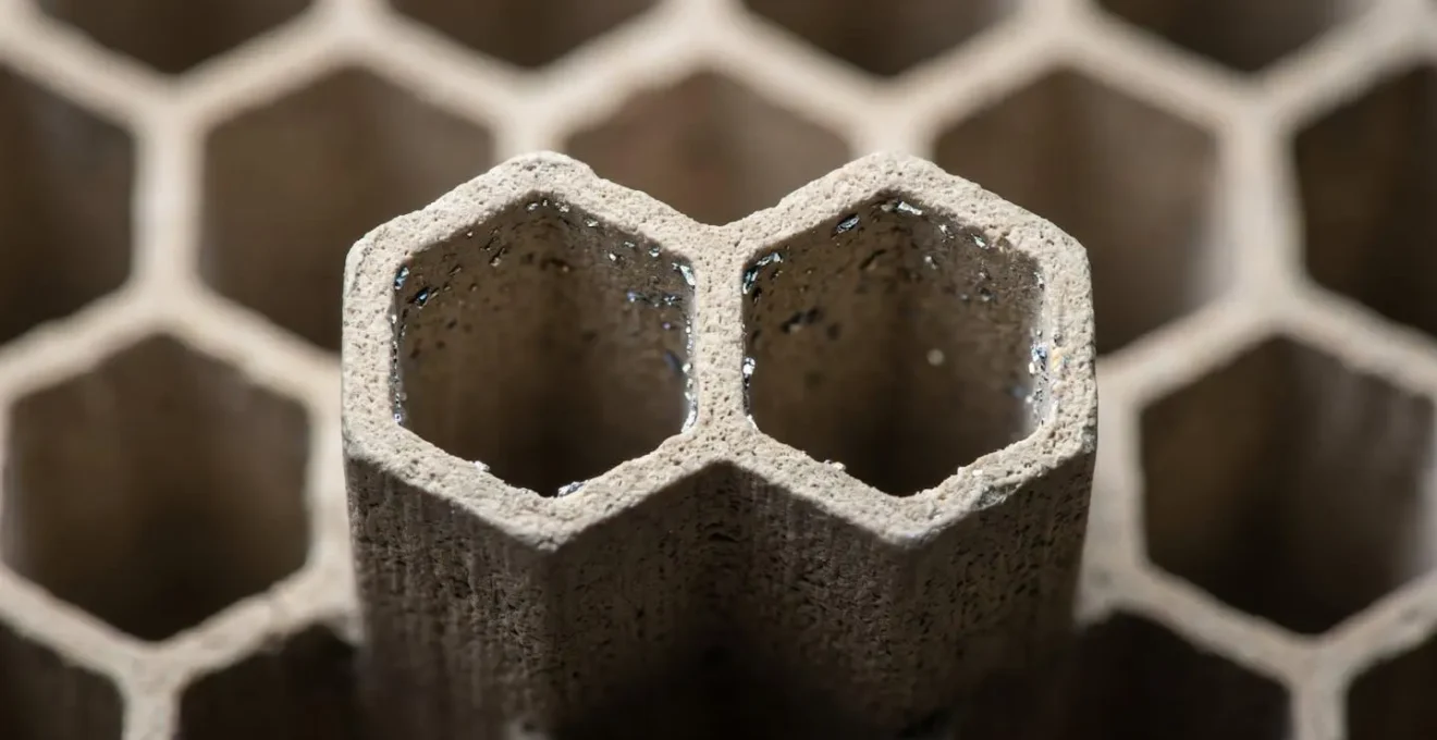 Structure interne d'un filtre à particules montrant les canaux céramiques et les dépôts métalliques
