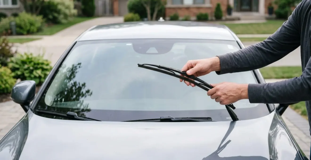 Mains détachant un balai d'essuie-glace usagé du bras métallique sur un pare-brise de voiture