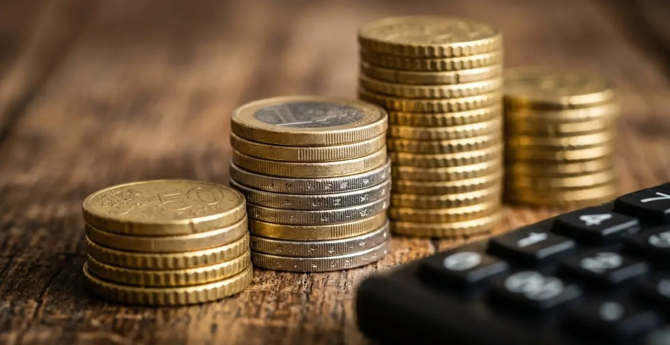 Calculatrice et pièces de monnaie disposées sur une surface symbolisant le calcul financier d'une réparation automobile