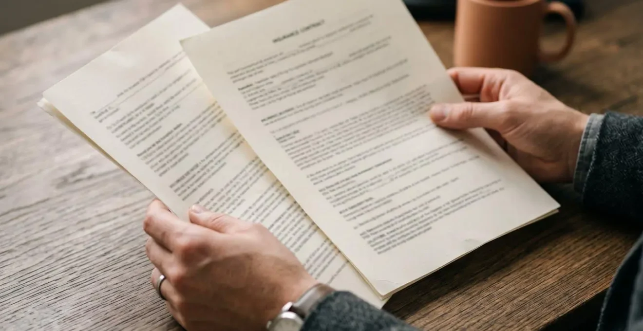 Personne analysant plusieurs documents de contrats d'assurance pour identifier les garanties en double
