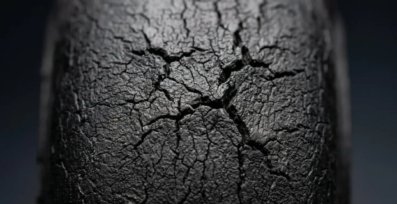 Vue macro d'une courroie en caoutchouc craquelée, montrant les effets du vieillissement.